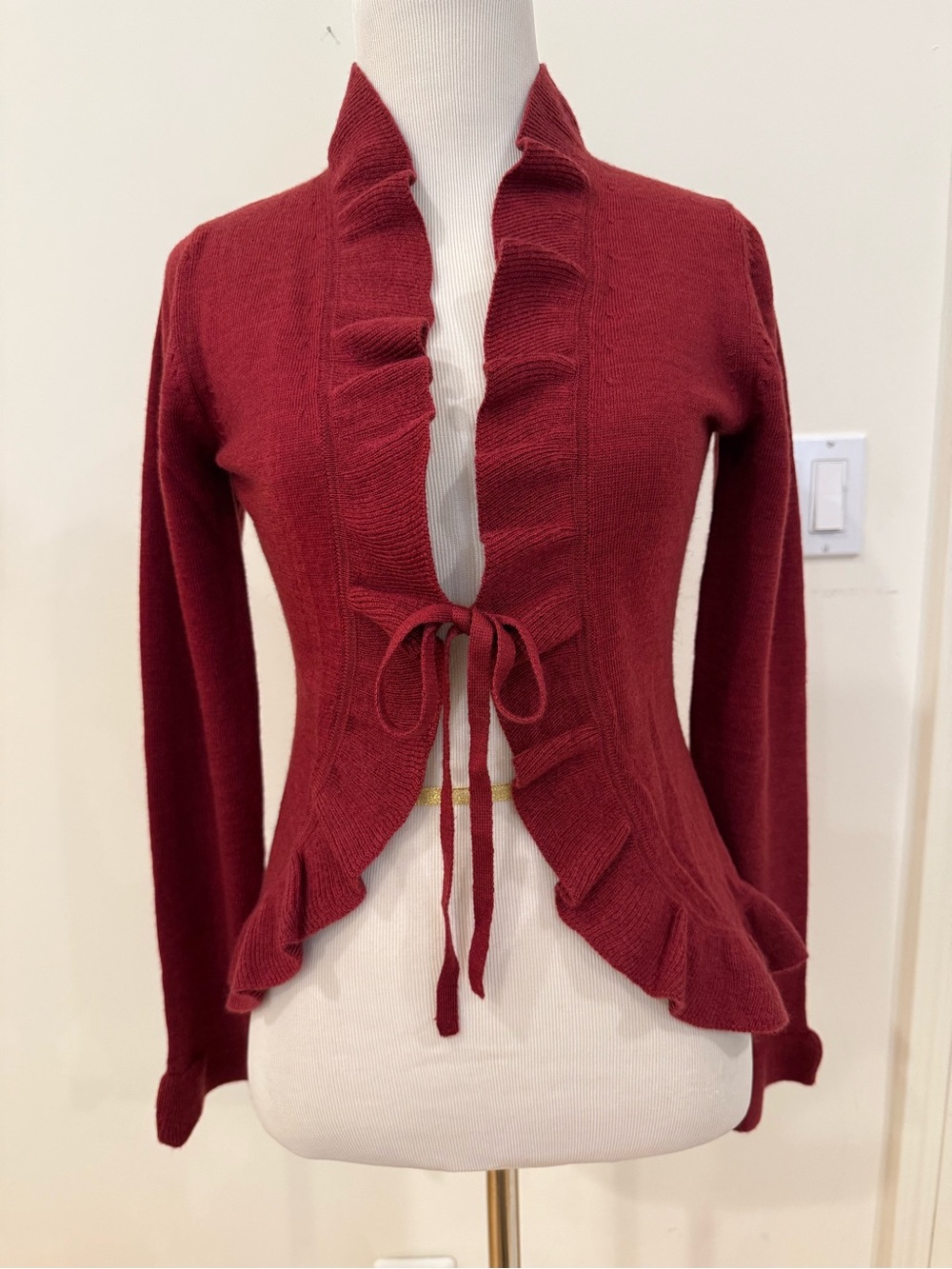 Women's Burgundy Ruffle Tie-Front Sweater Cardigan